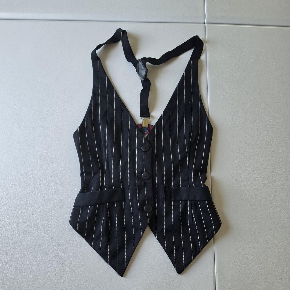 90s Punk Grunge Vest Top Small Black Pinstripe Tuxedo Waistcoat Formal USA